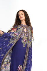 Royal Blue Floral Printed Cape Gown