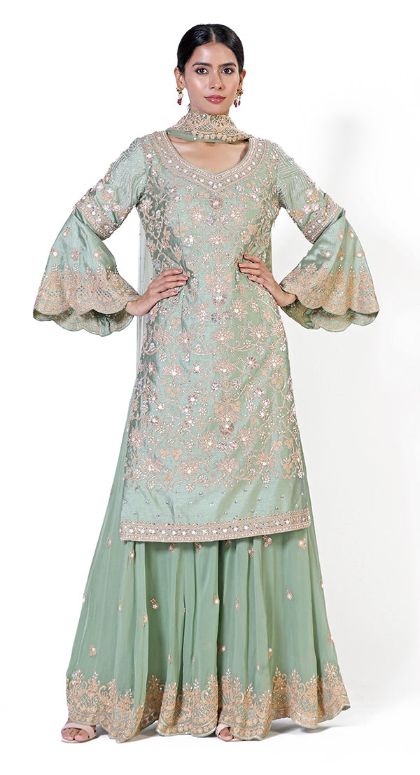 Aftab sea green embroidered sharara | Best Readymade Suit Online POSHAK Aftab sea green embroidered sharara | Best Readymade Suit Online POSHAK