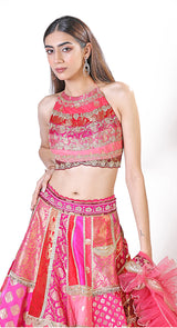 Halter jamawar pink lehenga