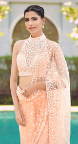 HALTER PEACH PEARL SAREE - POSHAK