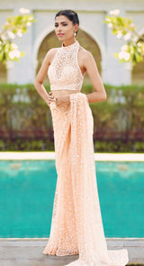 HALTER PEACH PEARL SAREE - POSHAK