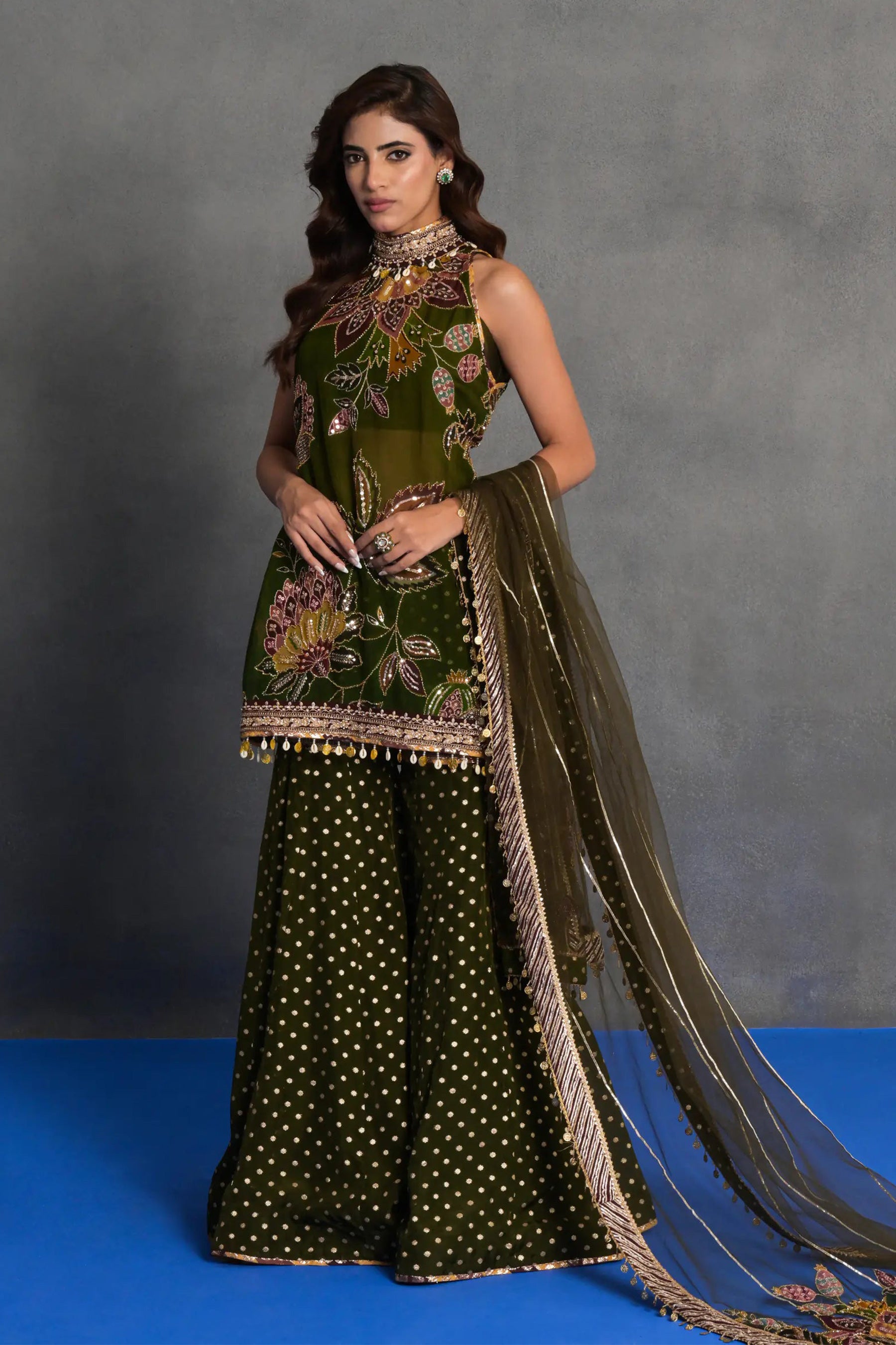 Olive Green Embroidered Sharara Set