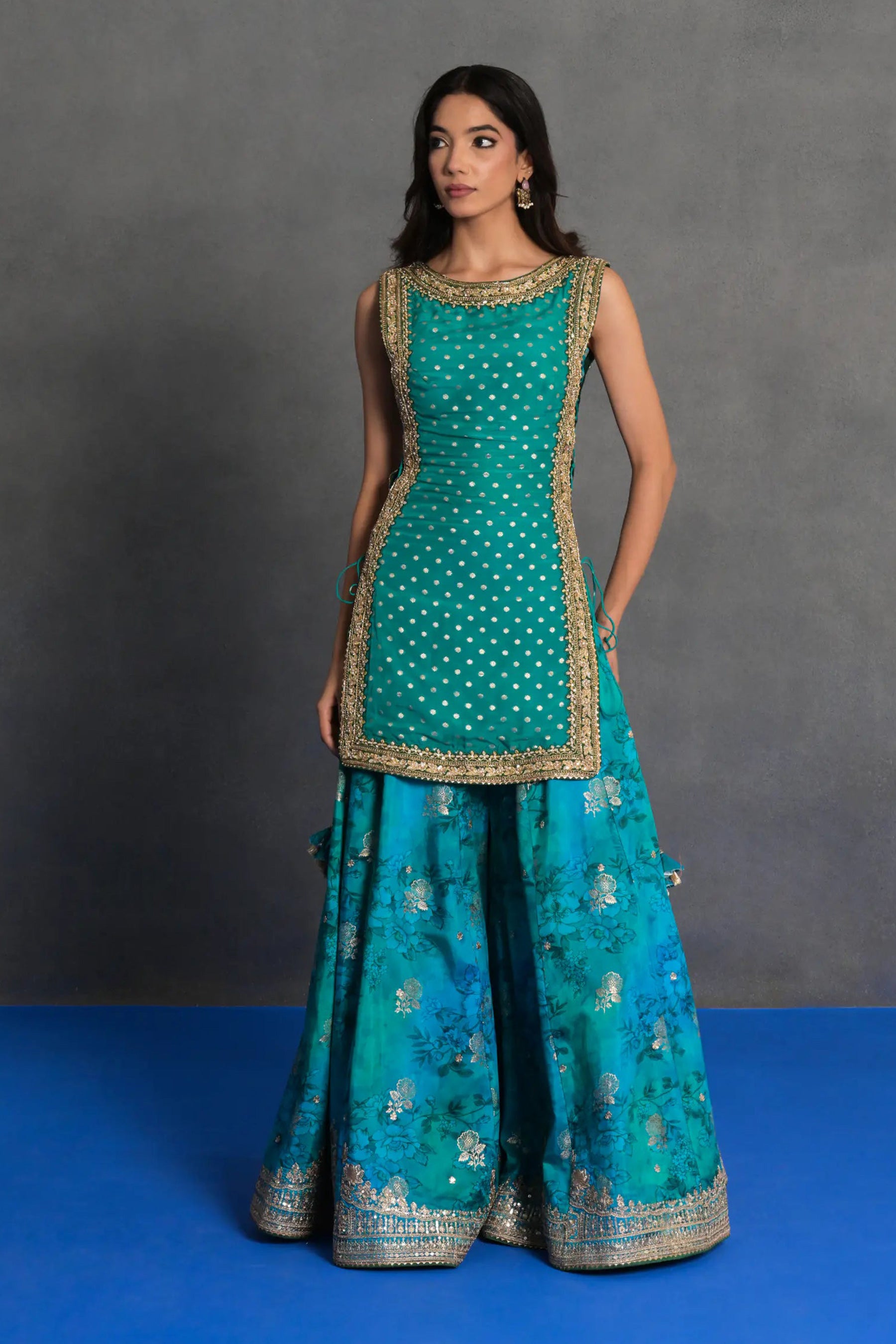 Turquoise Embroidered Sharara Set
