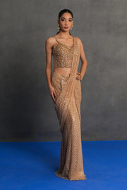 Champagne Gold Embellished Draped Saree Set
