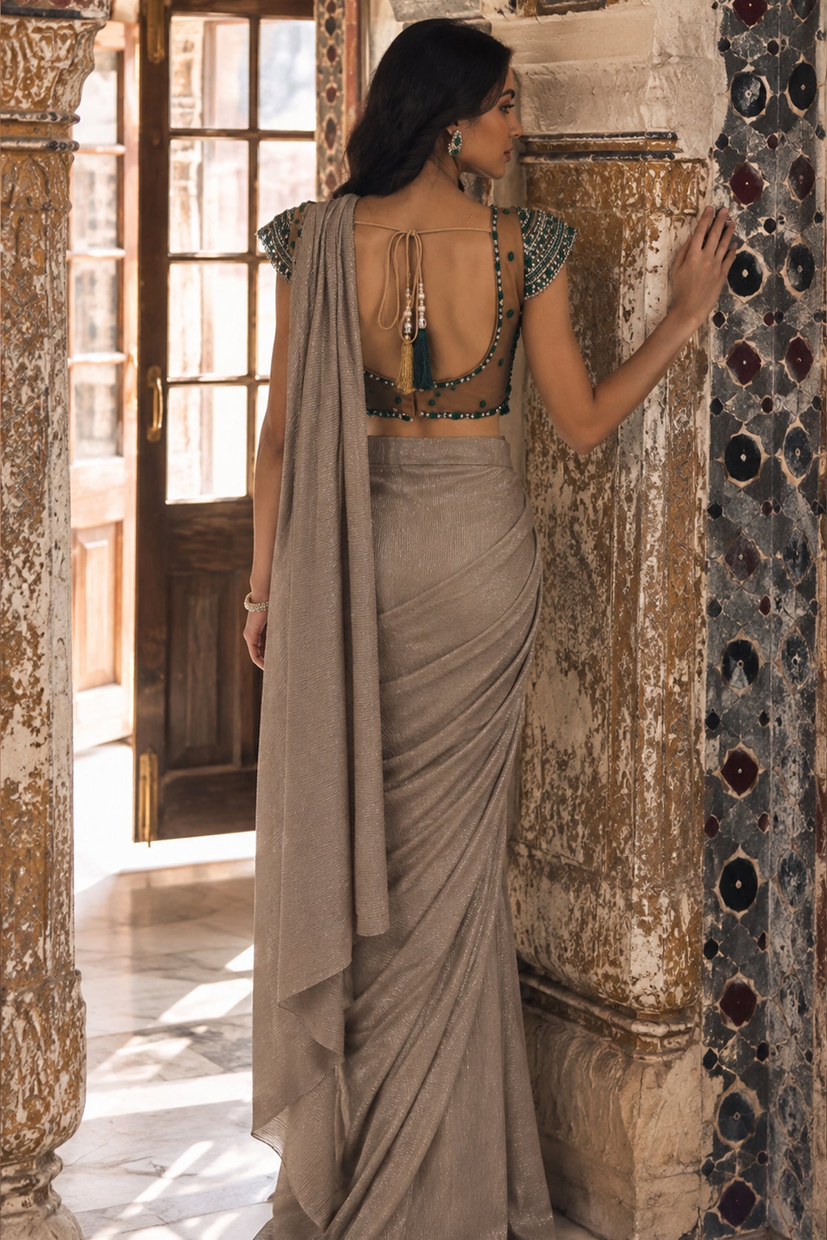 Emerald Taupe Draped Saree