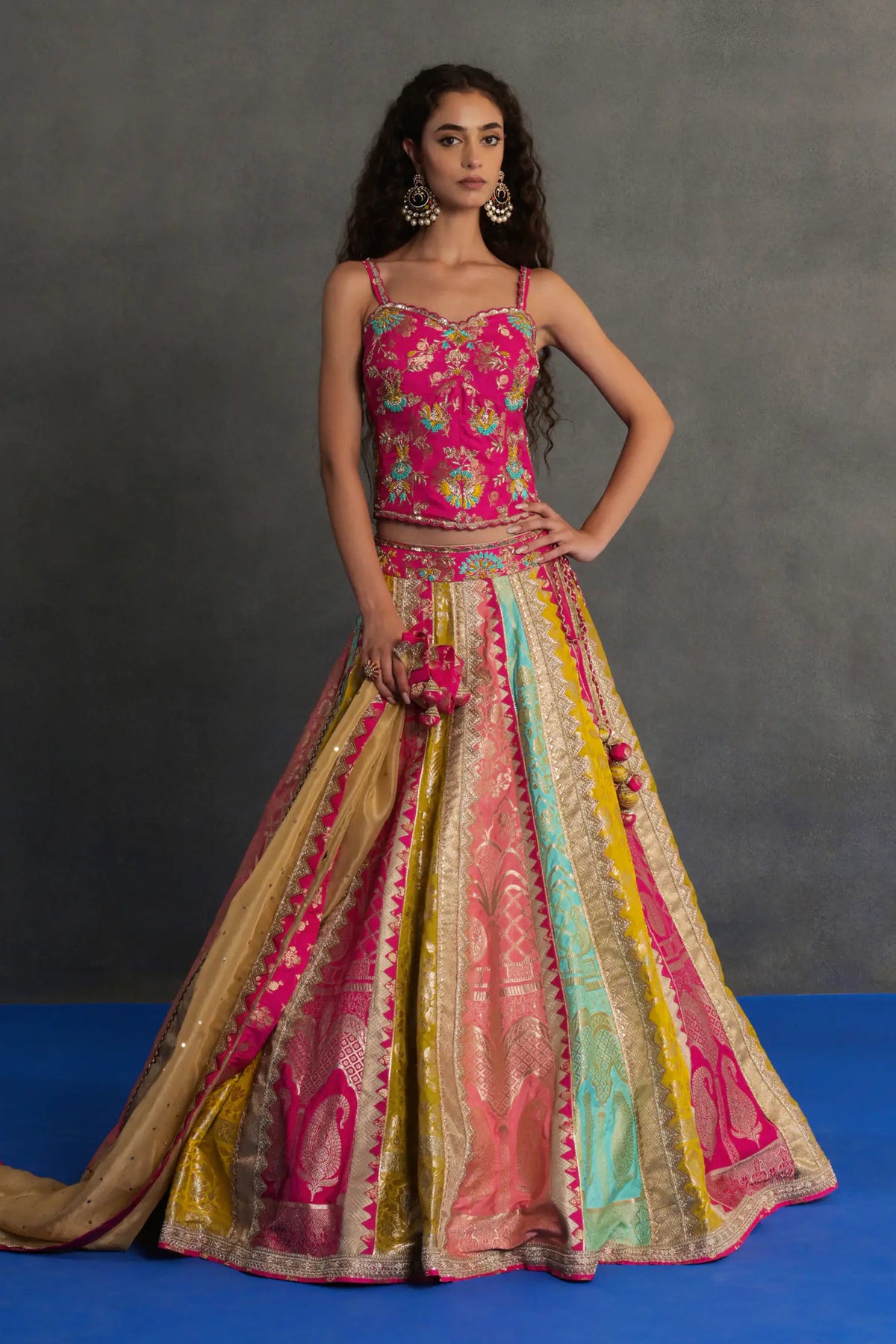 Multicolour Banarasi Panelled Lehenga Set