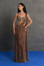 Bronze Sequinned Draped Saree Set