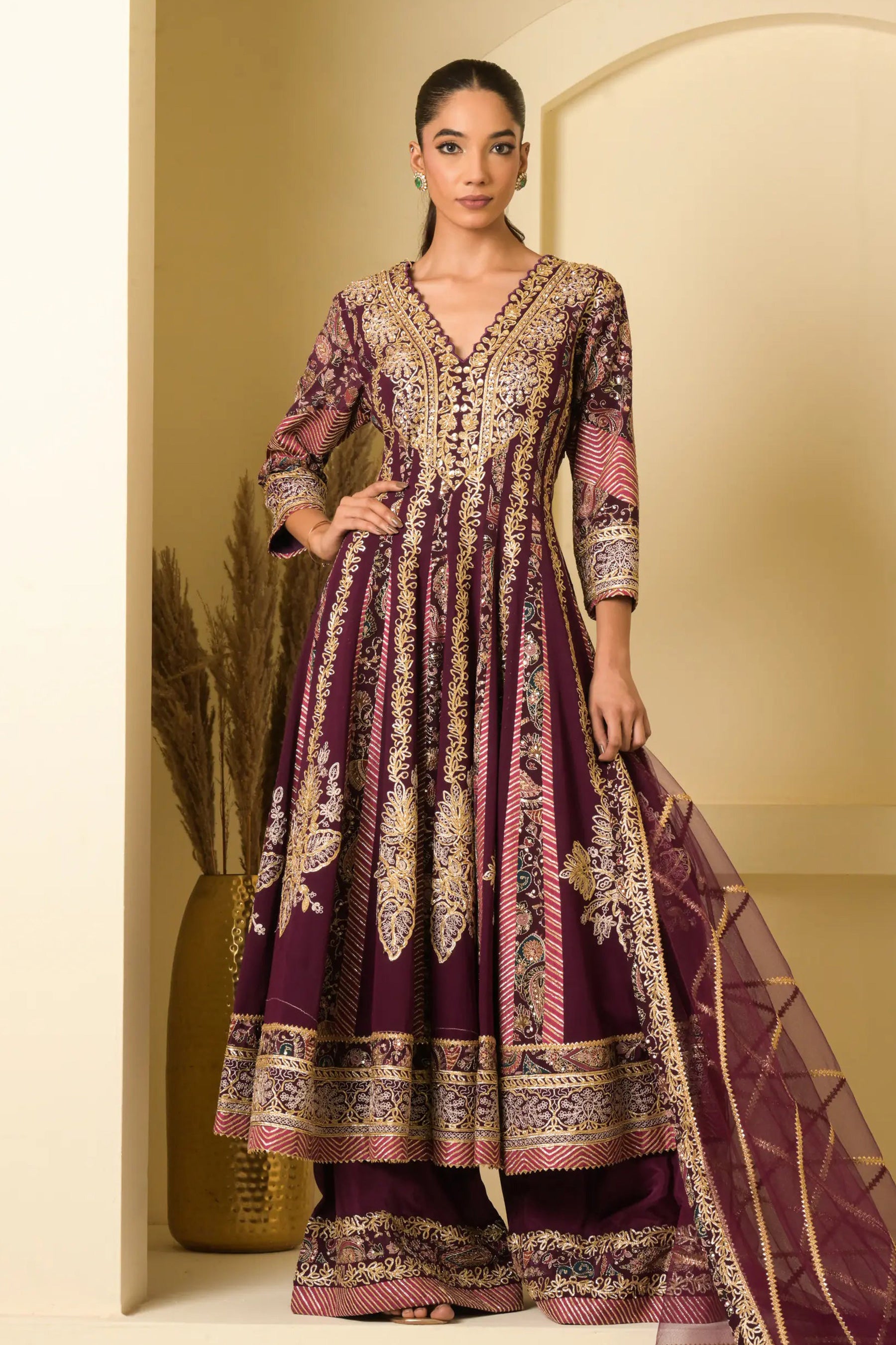 Deep Plum Embroidered Anarkali Suit