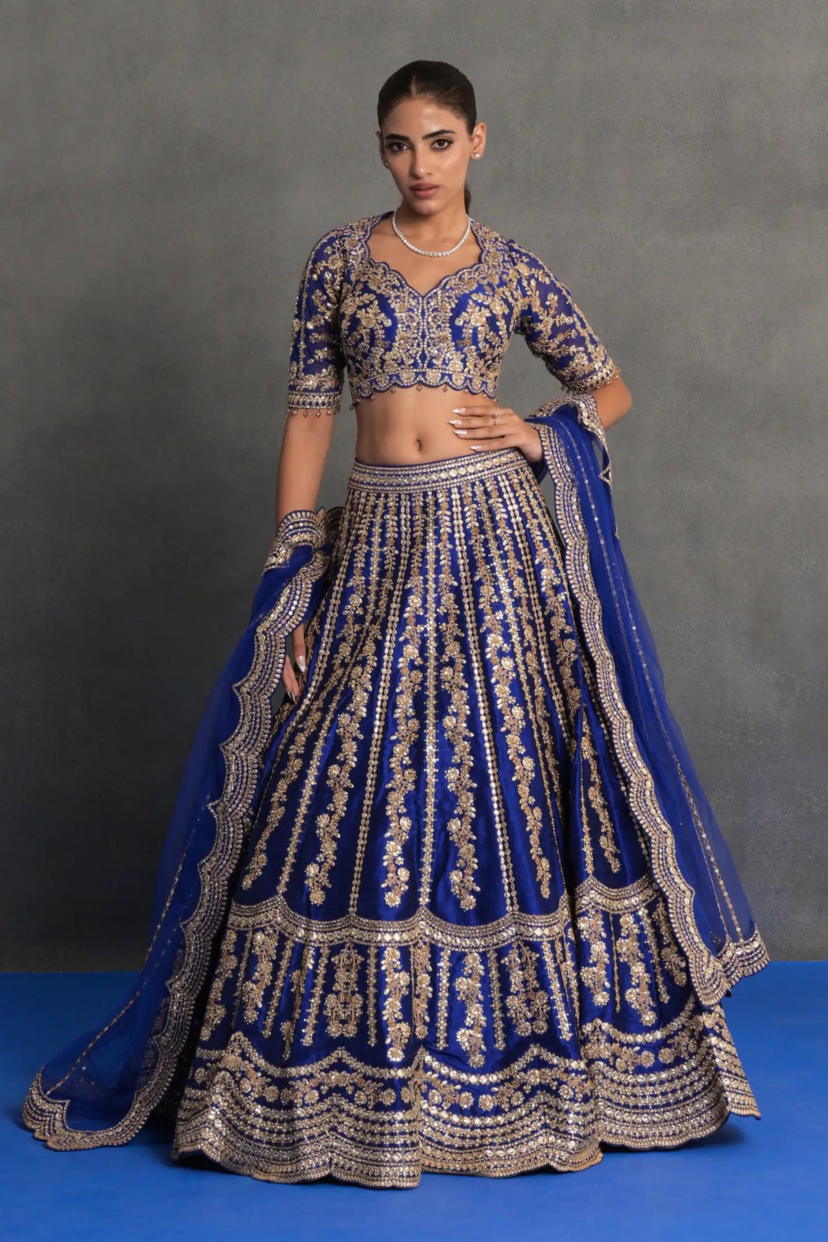 Royal Blue and Gold Embroidered Lehenga Set