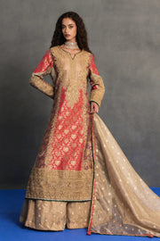 Coral and Antique Gold Embroidered Sharara Suit