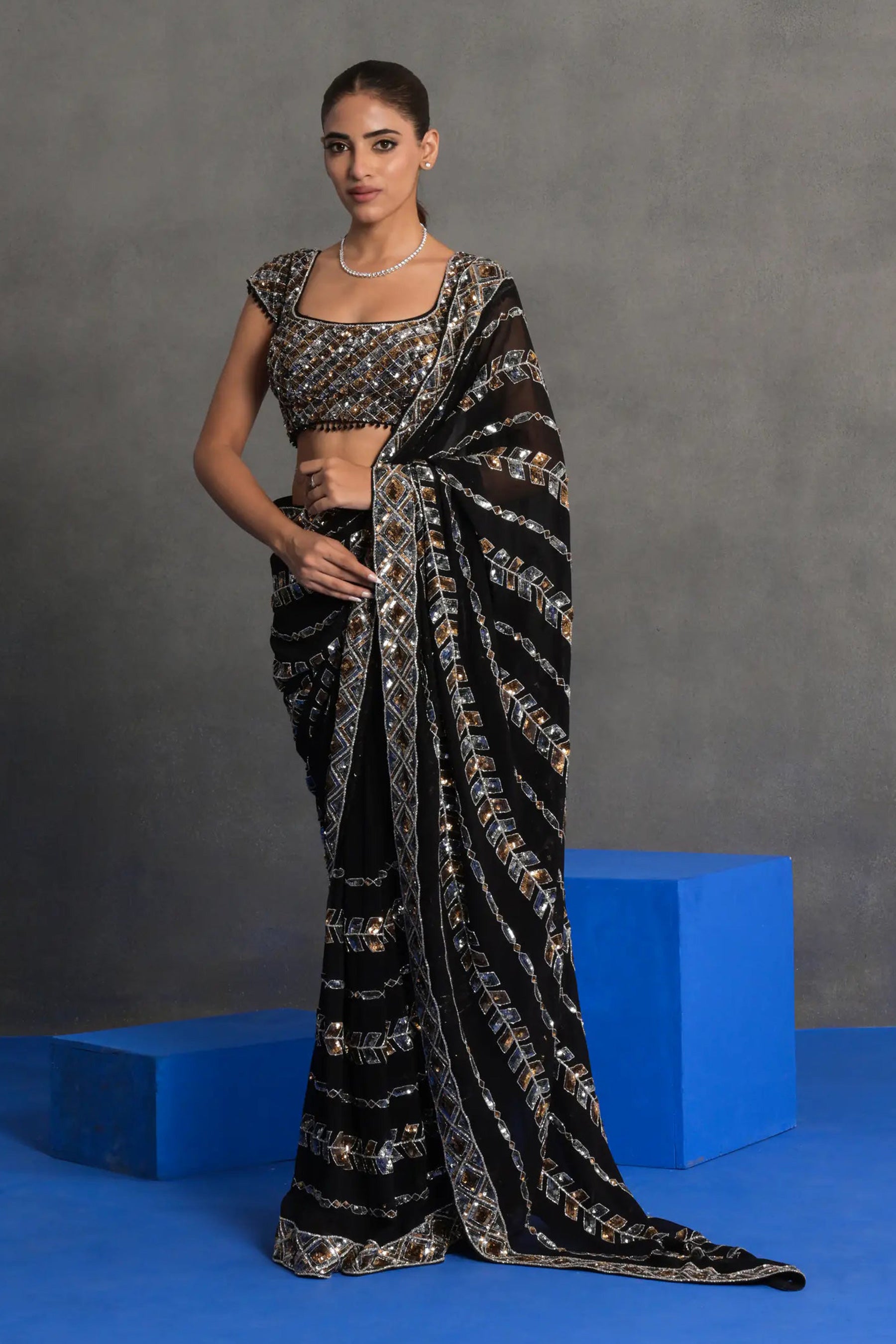 Black Mirror-work Saree Set