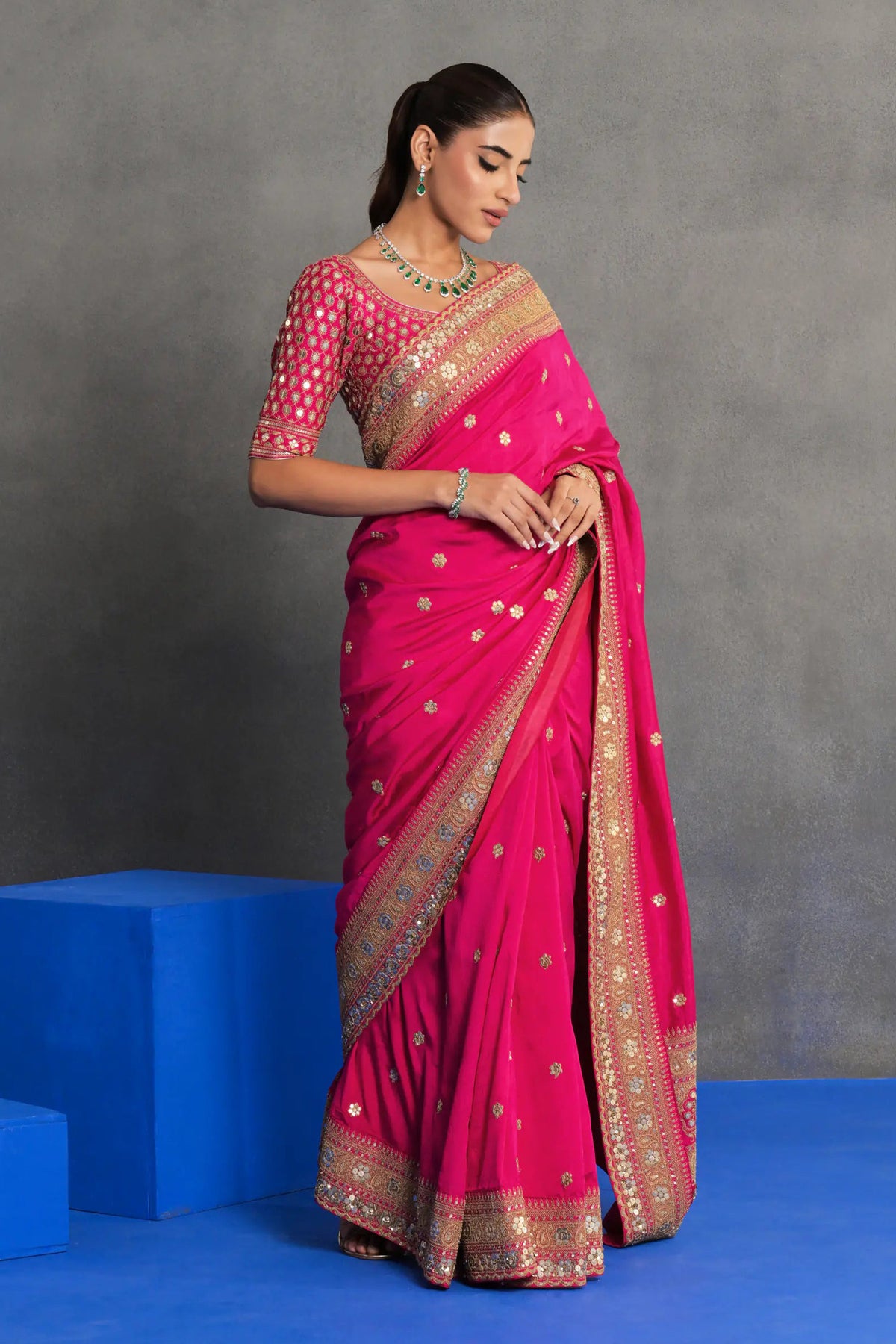 Fuchsia Pink Embroidered Saree