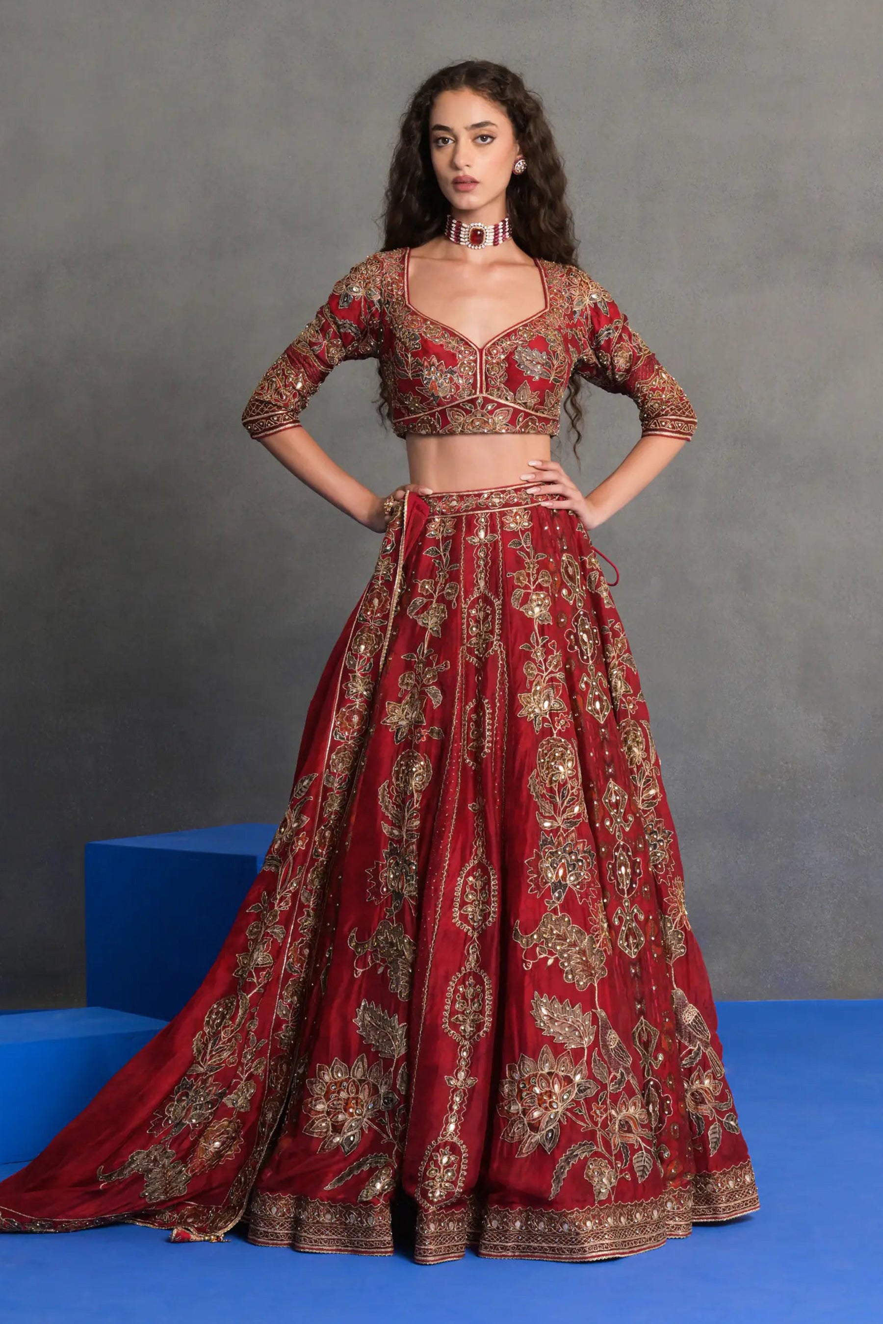 Deep Red Embroidered Bridal Lehenga Set