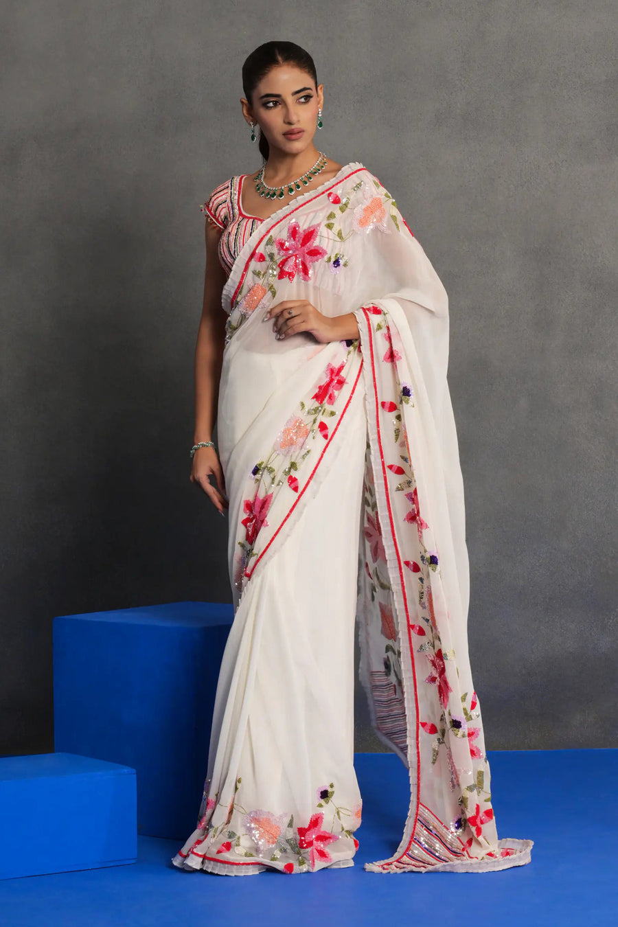 Ivory Floral Embroidered Saree