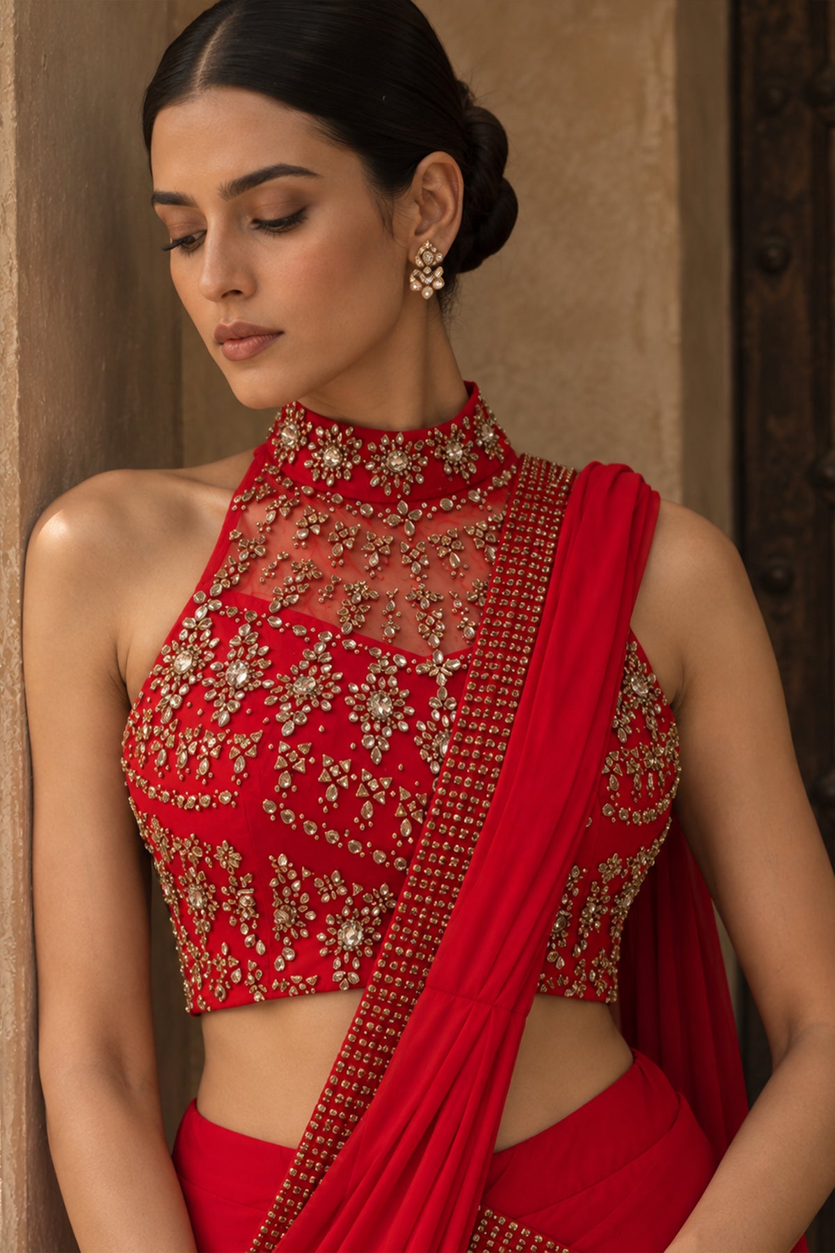 Crimson Embellished Draped Saree
