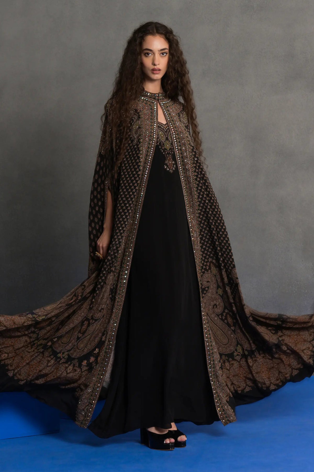Black and Bronze Embroidered Cape Gown