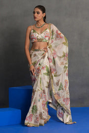 Ivory Floral Printed and Embellished Saree Set