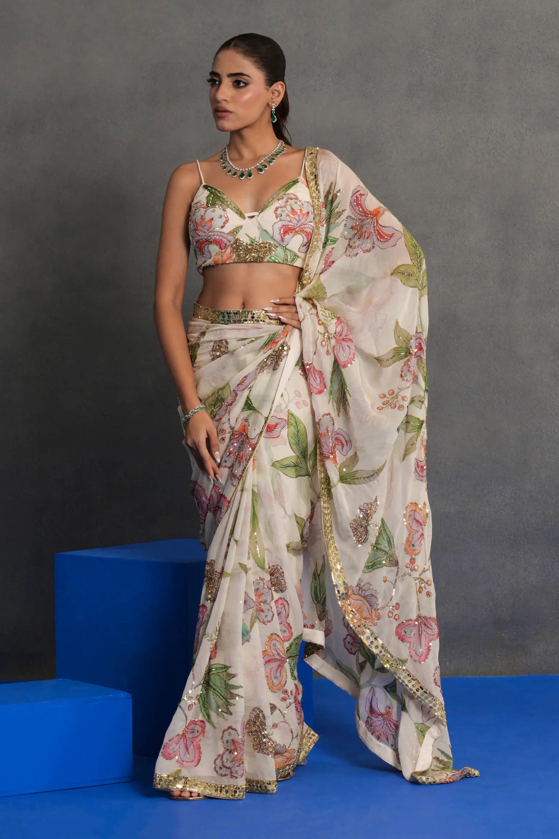Ivory Floral Printed and Embellished Saree Set