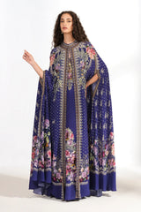 Royal Blue Floral Printed Cape Gown