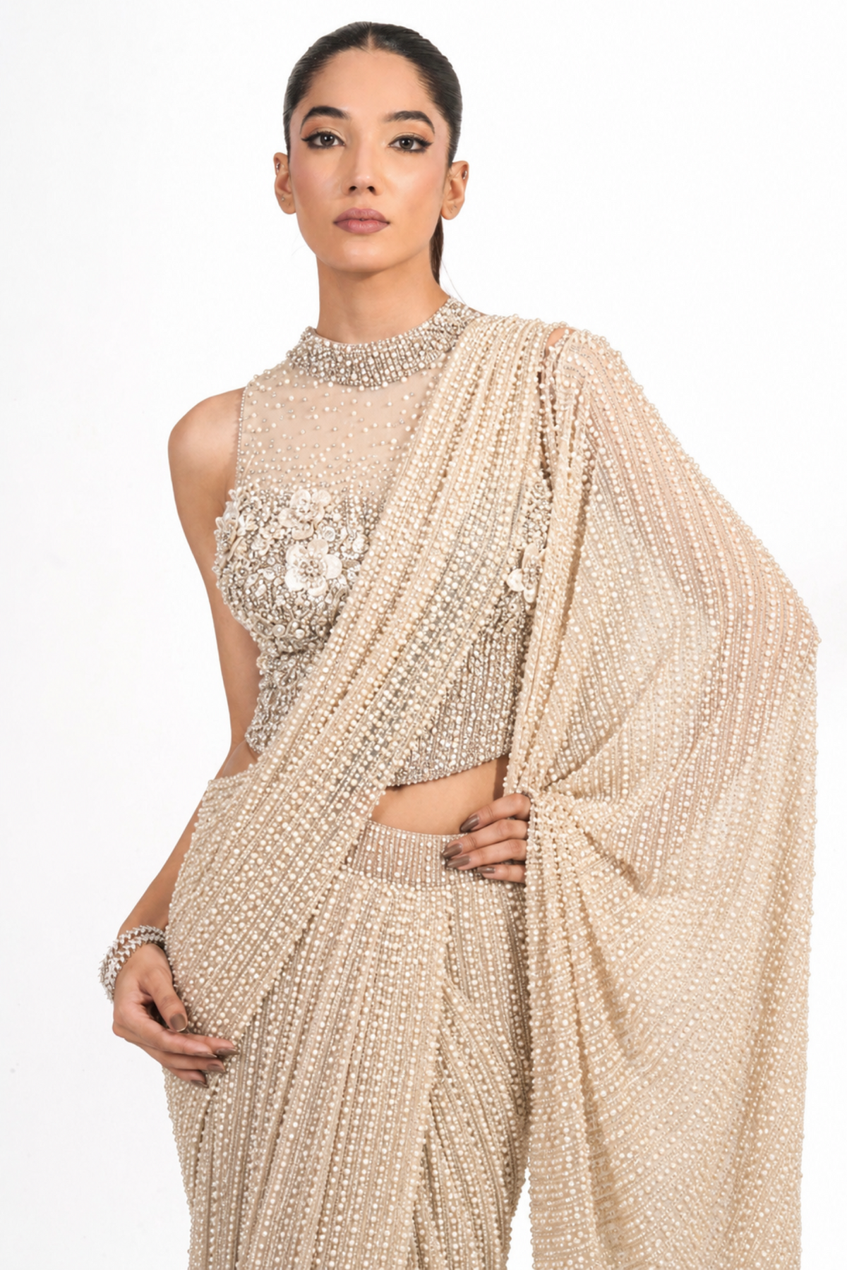 Ivory Pearl Embellished Saree Set