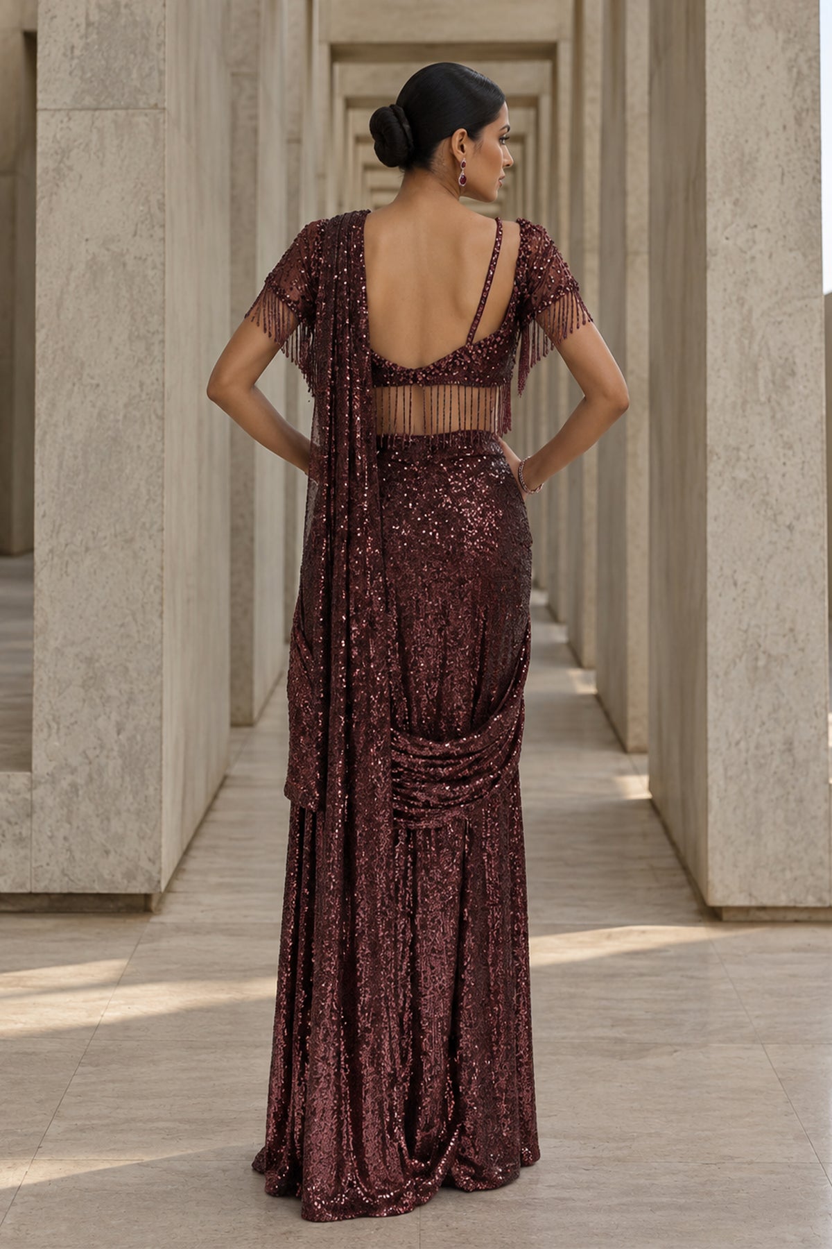 Chocolate Sequin Draped Saree