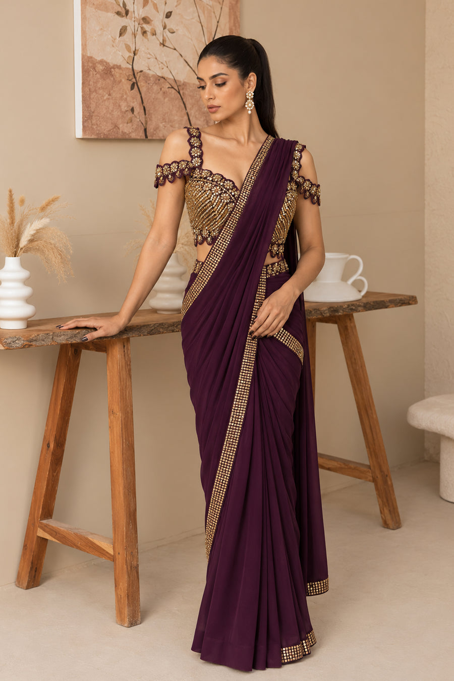 Elara Plum Embellished Saree