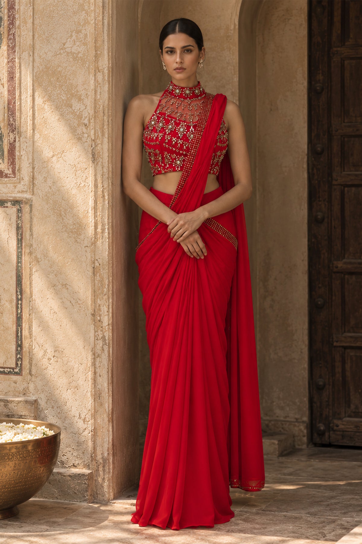 Crimson Embellished Draped Saree