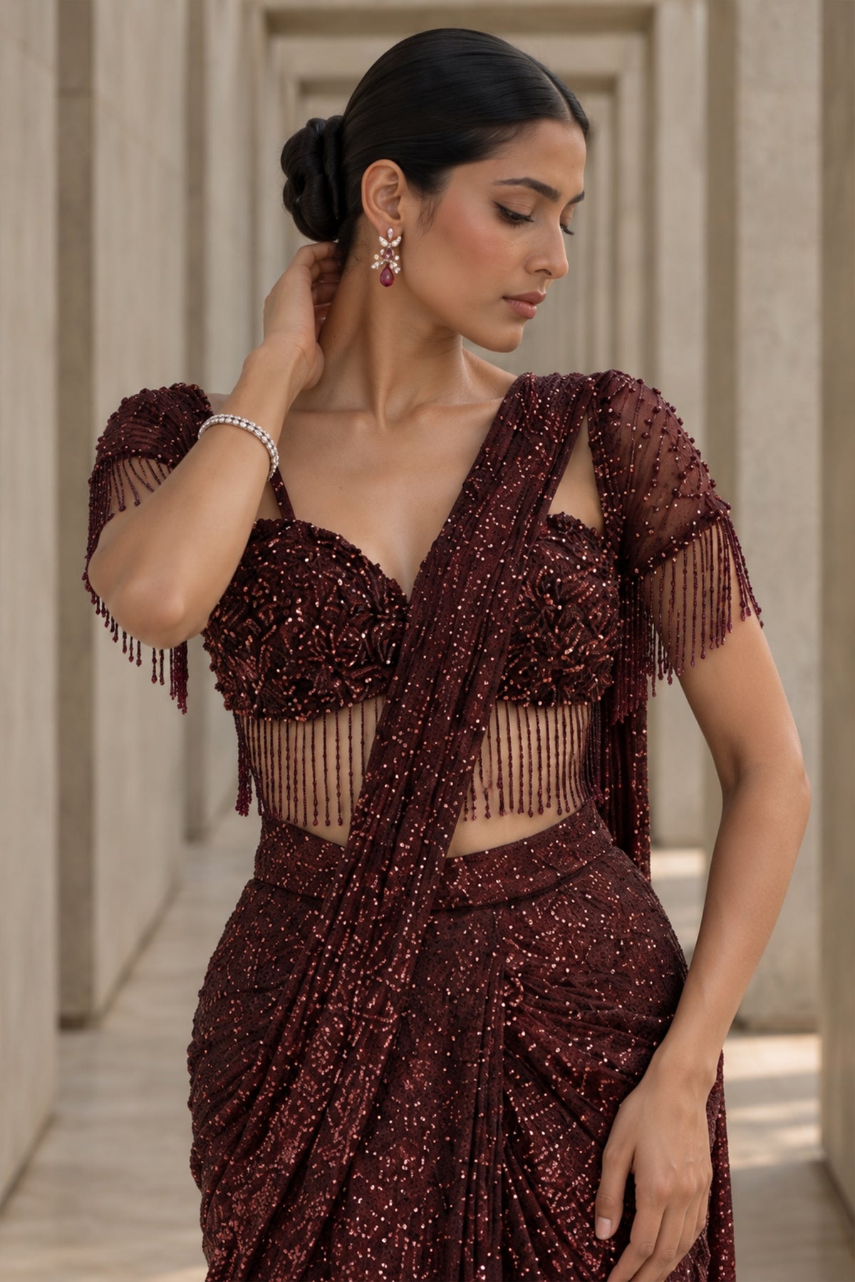 Chocolate Sequin Draped Saree