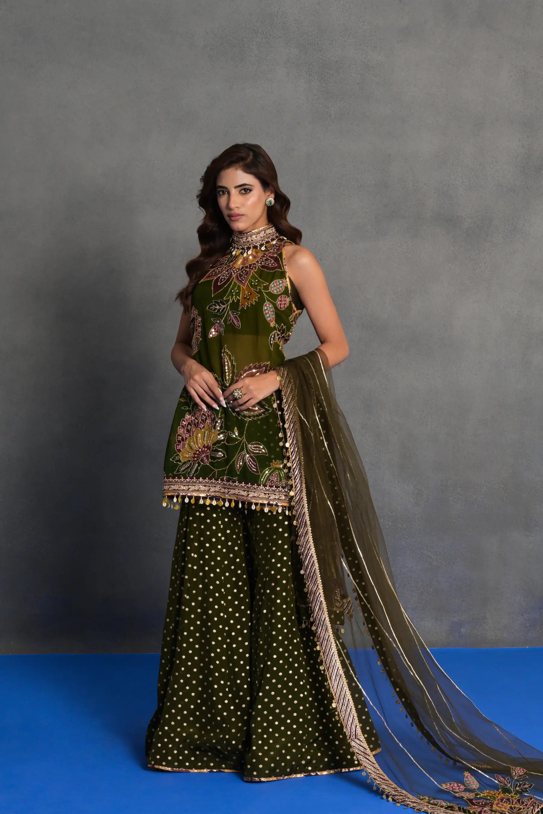 Olive Green Embroidered Sharara Set