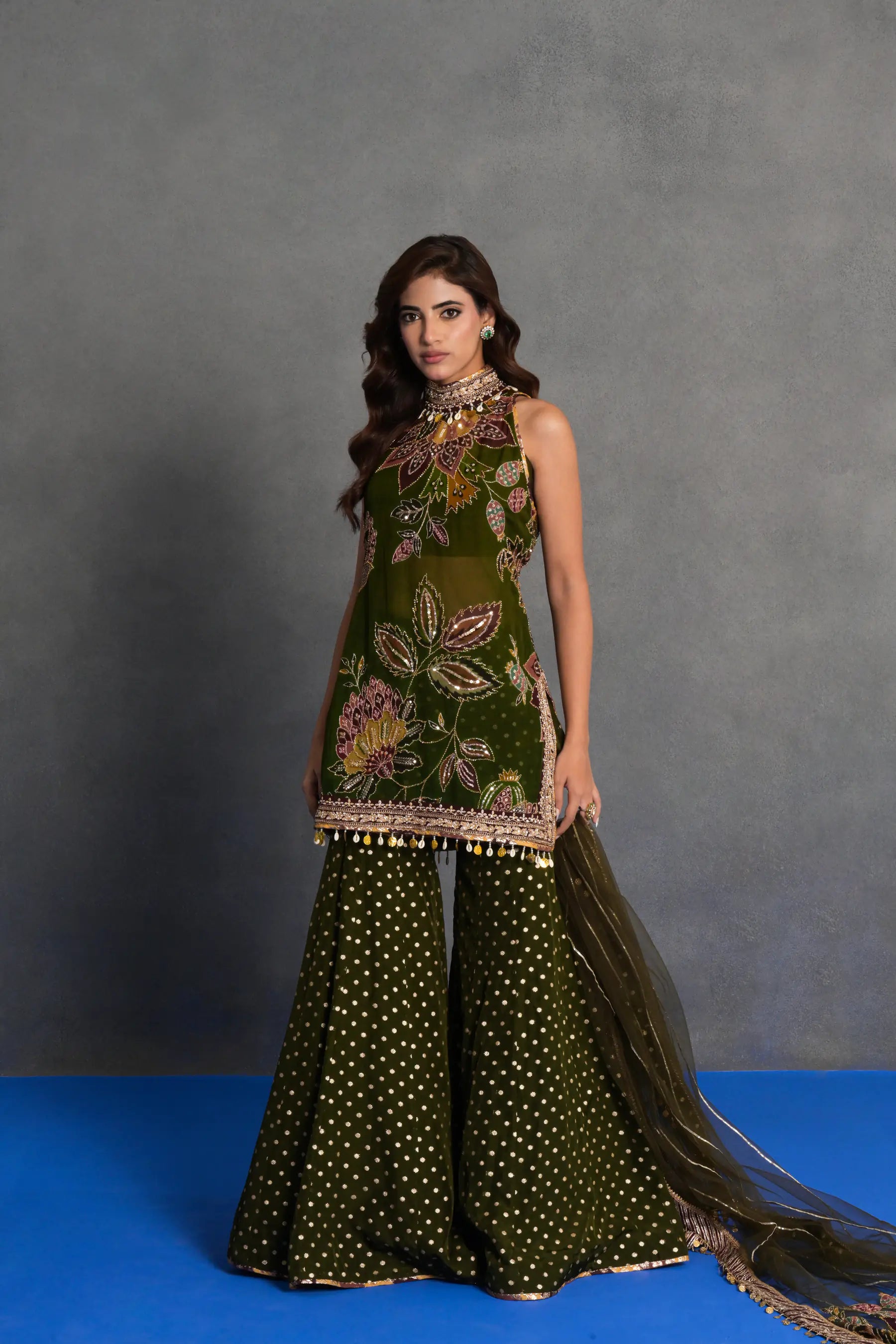 Olive Green Embroidered Sharara Set