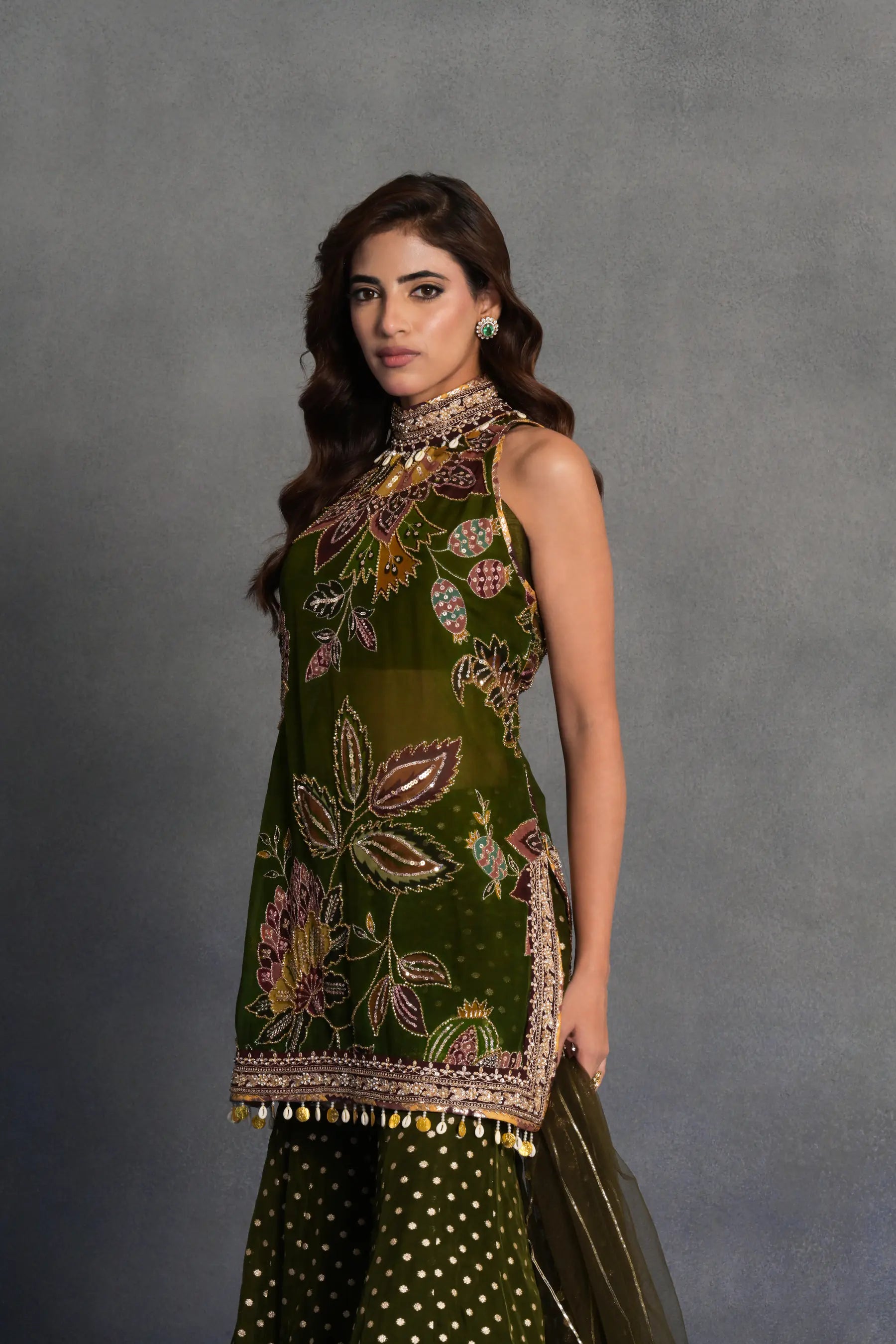 Olive Green Embroidered Sharara Set