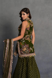 Olive Green Embroidered Sharara Set