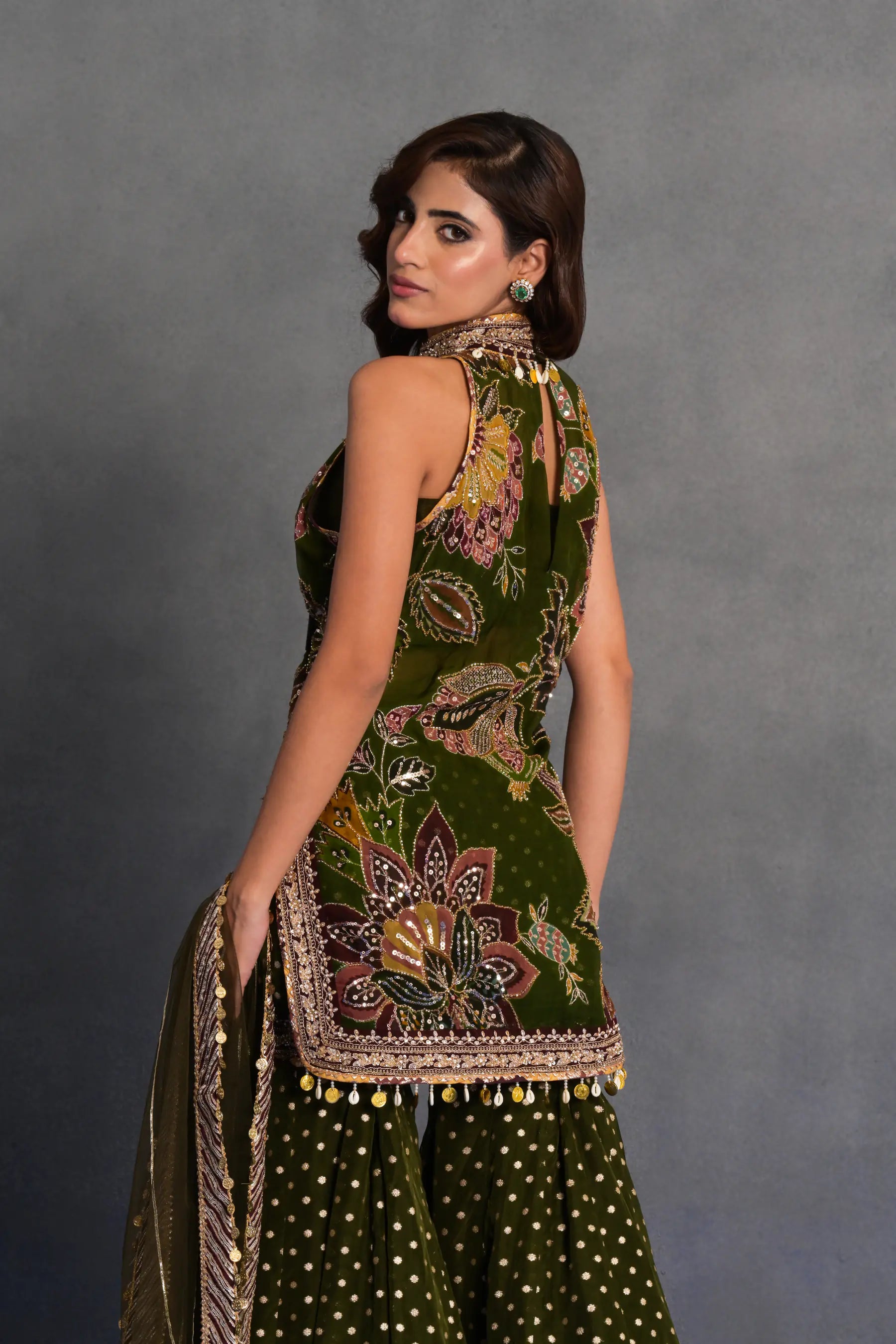Olive Green Embroidered Sharara Set
