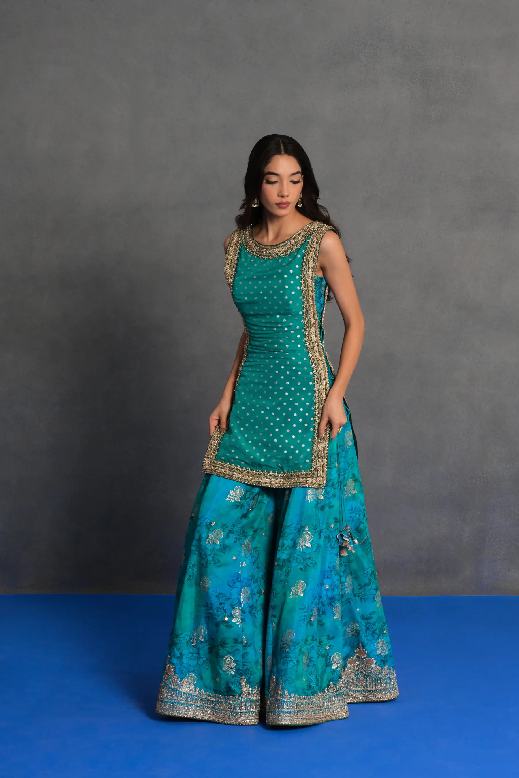 Turquoise Embroidered Sharara Set