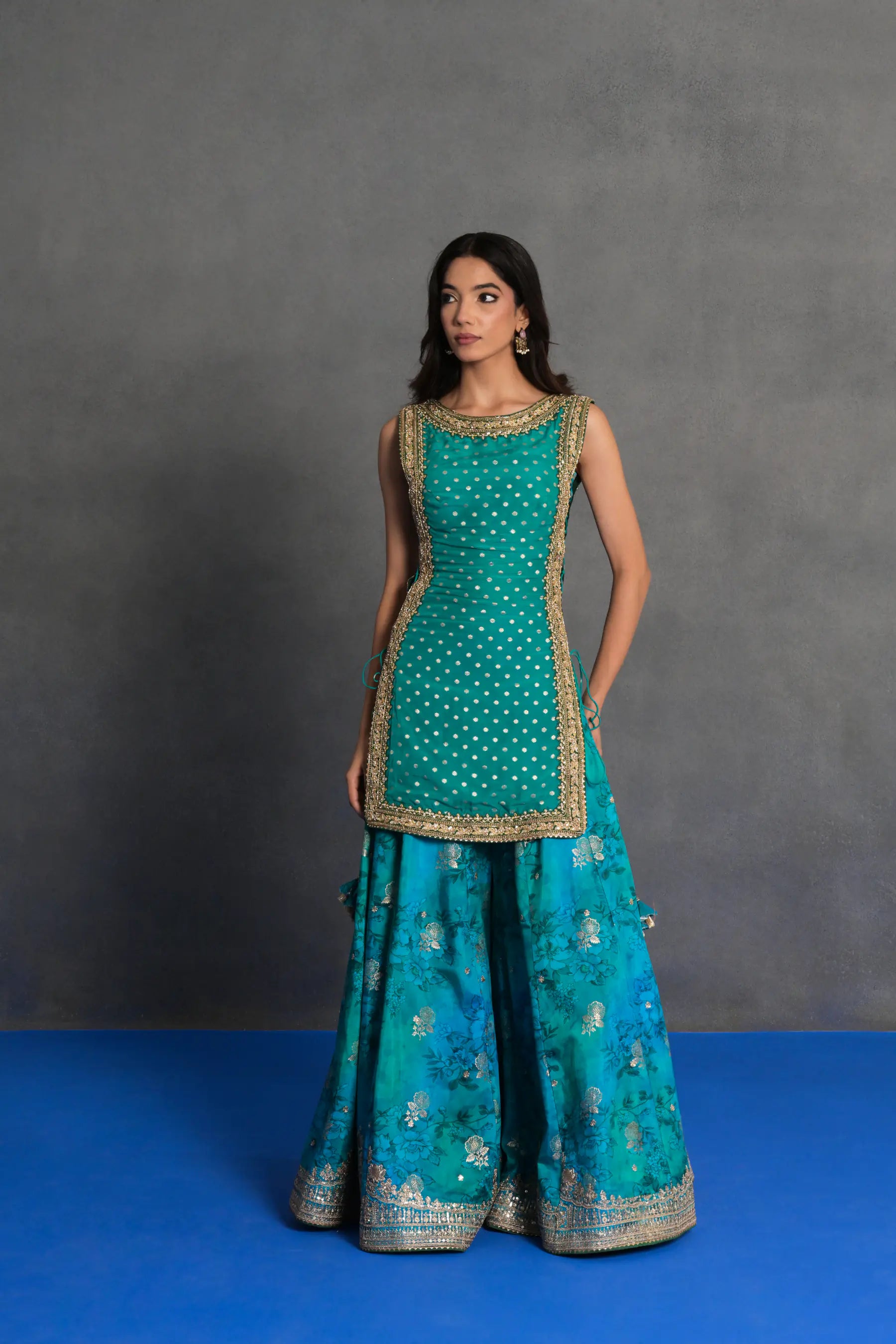 Turquoise Embroidered Sharara Set