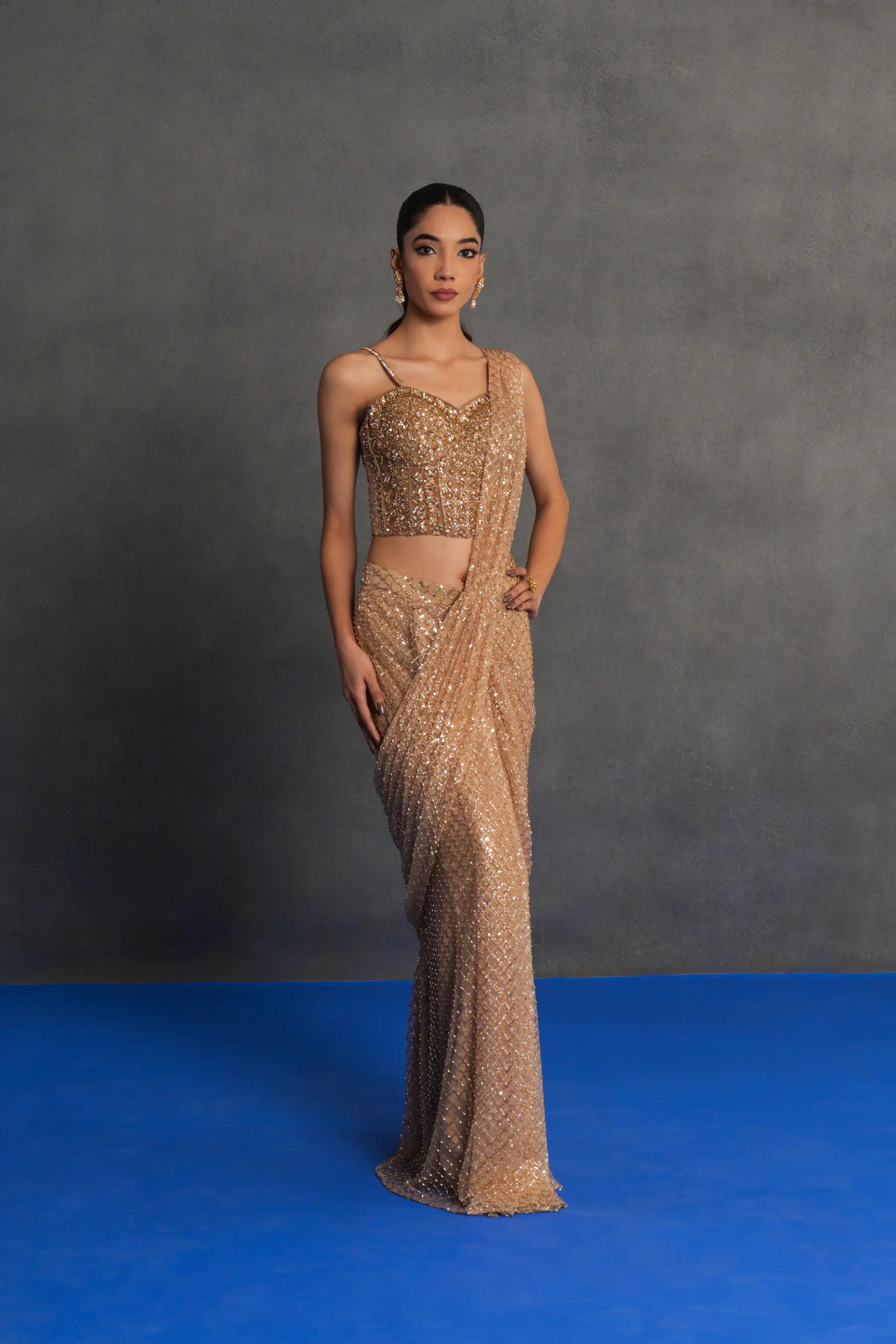 Champagne Gold Embellished Draped Saree Set