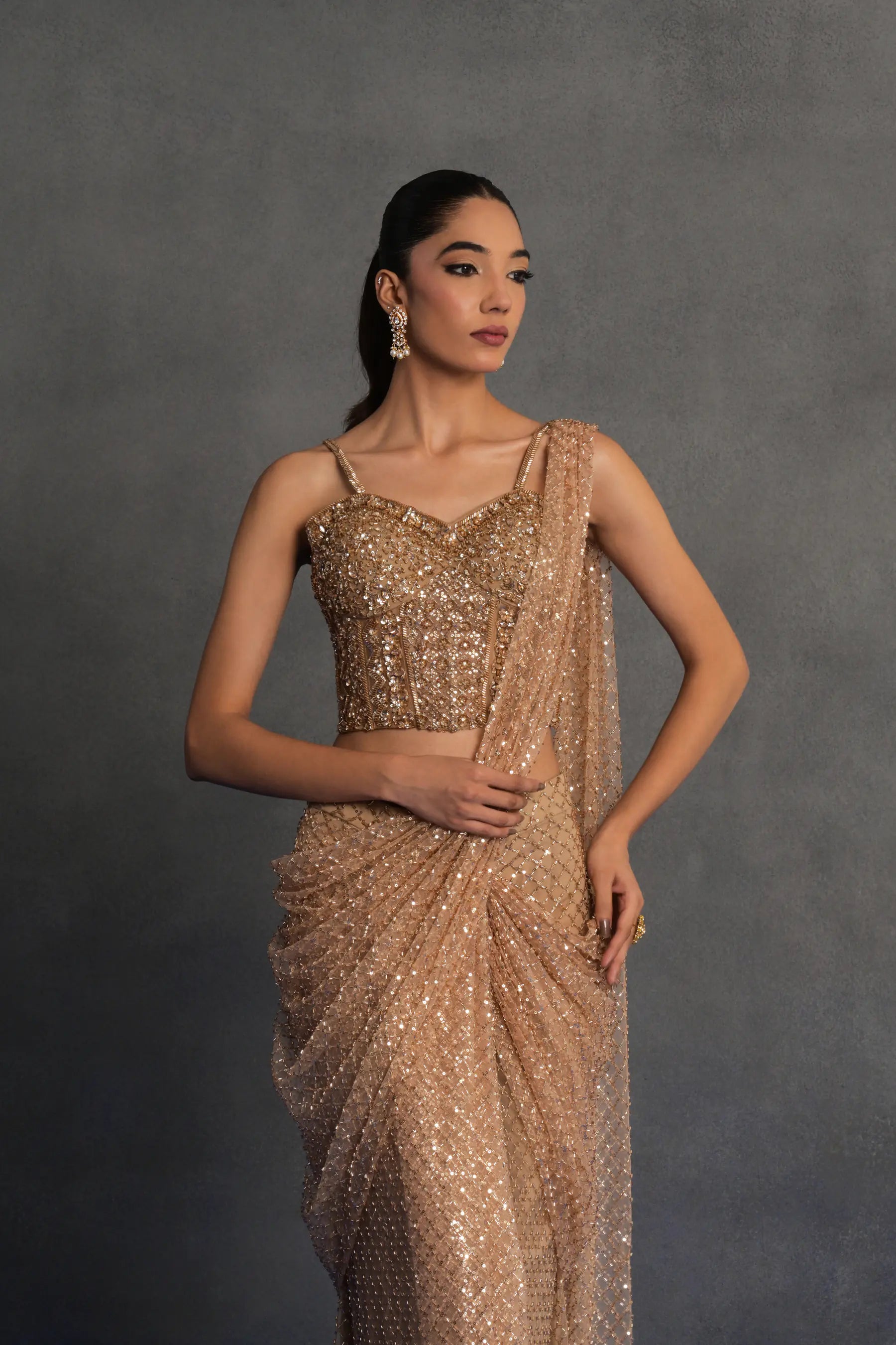 Champagne Gold Embellished Draped Saree Set