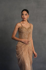Champagne Gold Embellished Draped Saree Set