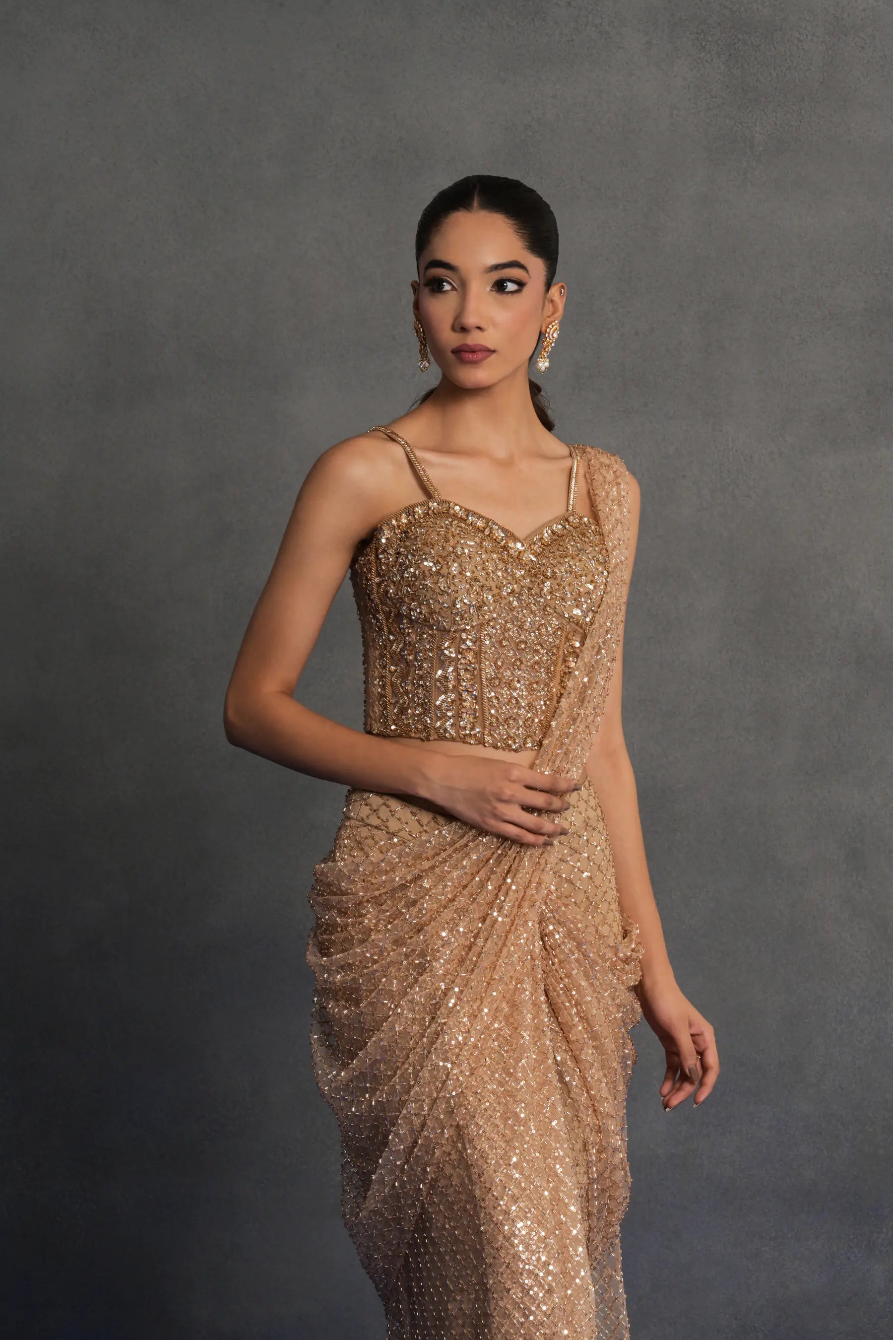 Champagne Gold Embellished Draped Saree Set
