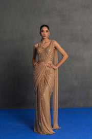 Champagne Gold Embellished Draped Saree Set