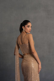 Champagne Gold Embellished Draped Saree Set