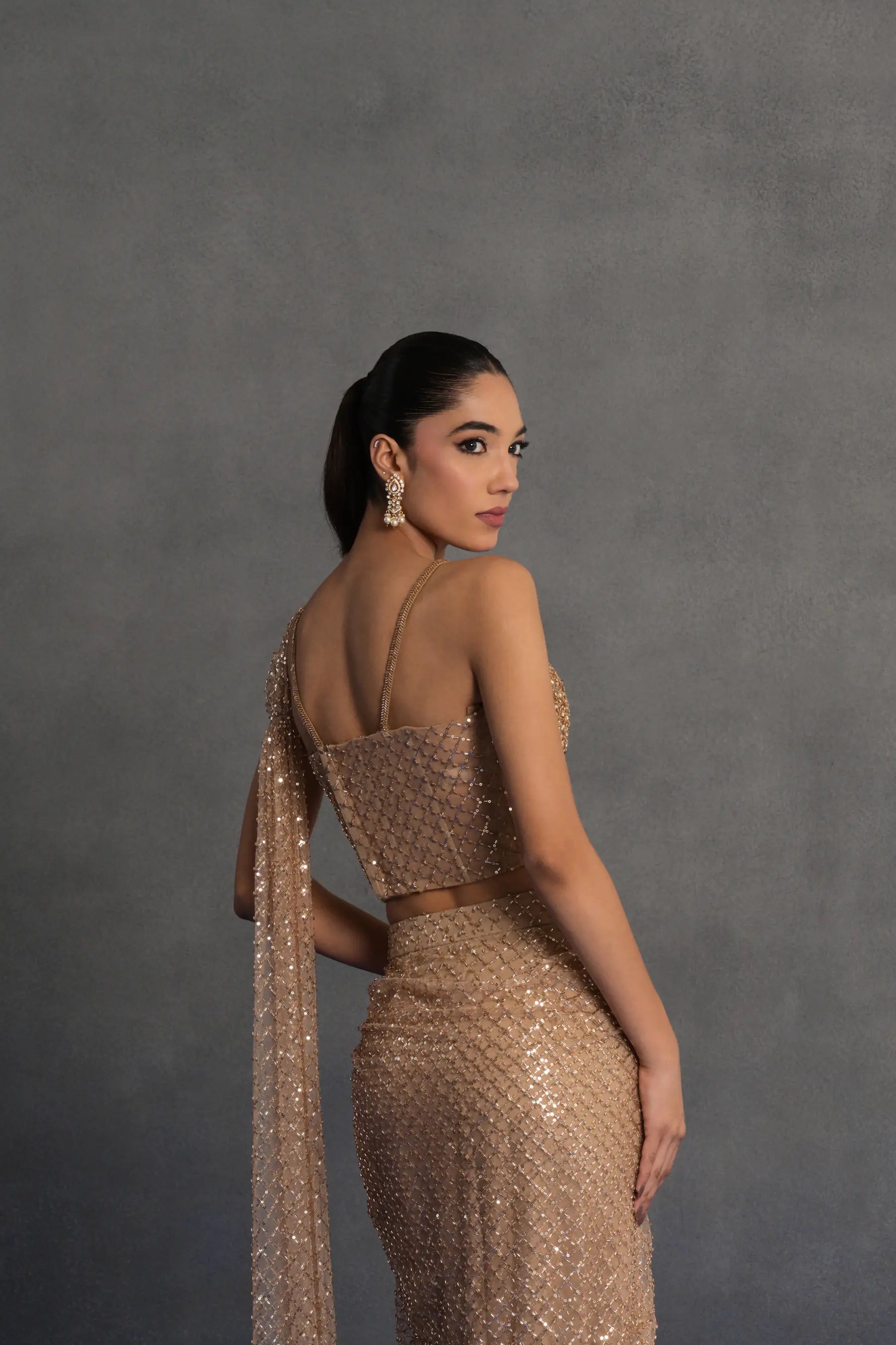 Champagne Gold Embellished Draped Saree Set