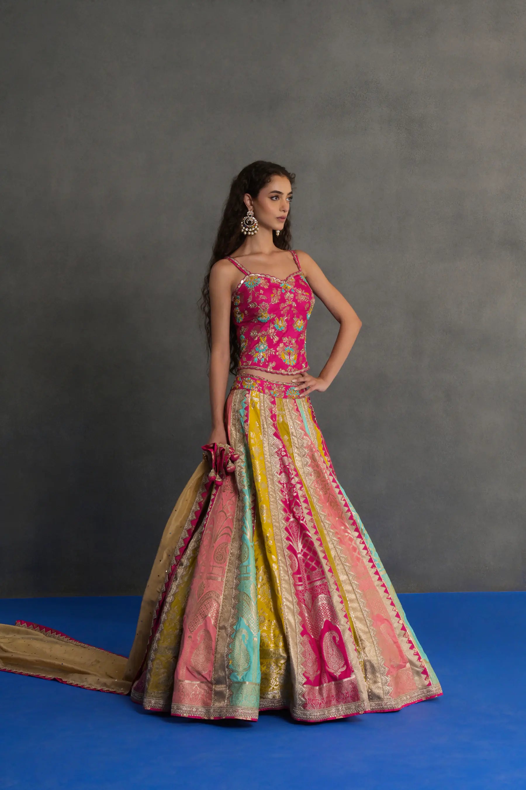 Multicolour Banarasi Panelled Lehenga Set