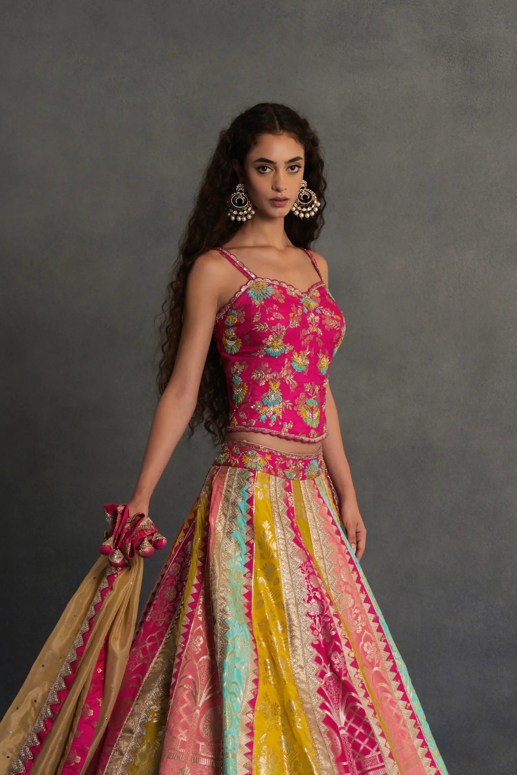 Multicolour Banarasi Panelled Lehenga Set