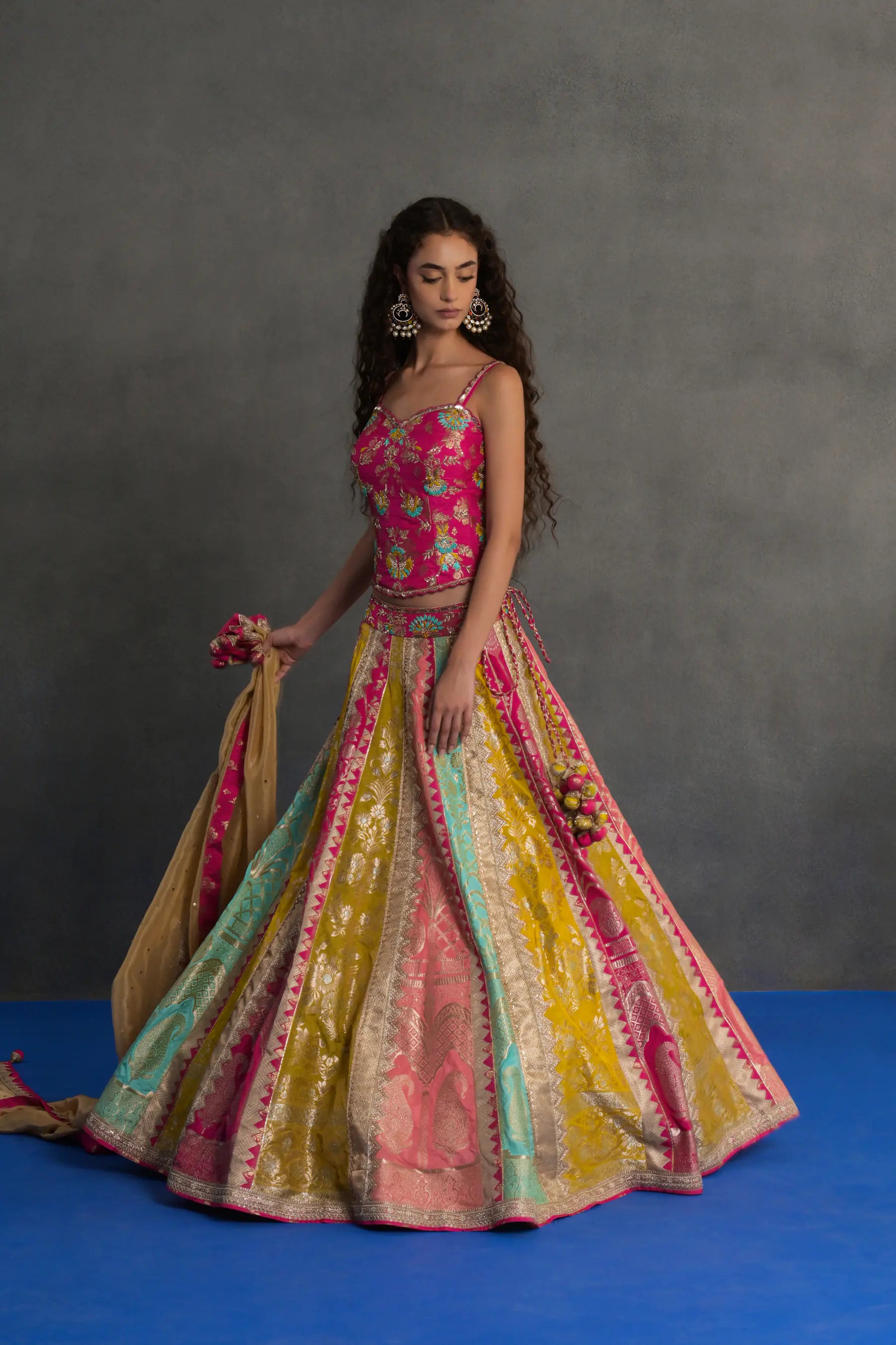 Multicolour Banarasi Panelled Lehenga Set