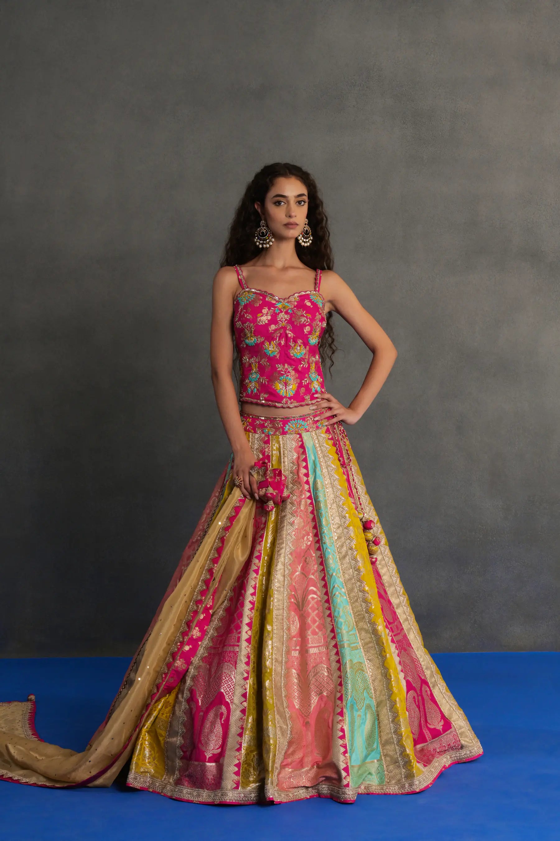 Multicolour Banarasi Panelled Lehenga Set