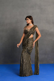 Antique Gold Sequinned Draped Saree Set