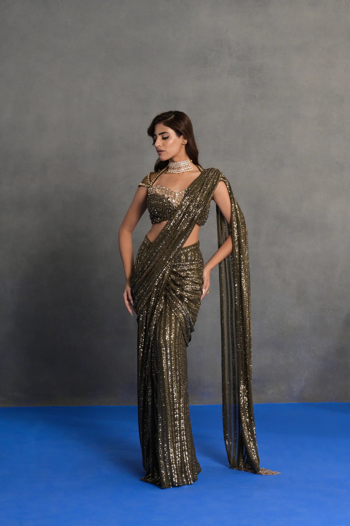 Antique Gold Sequinned Draped Saree Set
