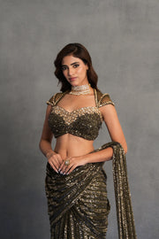 Antique Gold Sequinned Draped Saree Set