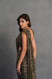 Antique Gold Sequinned Draped Saree Set
